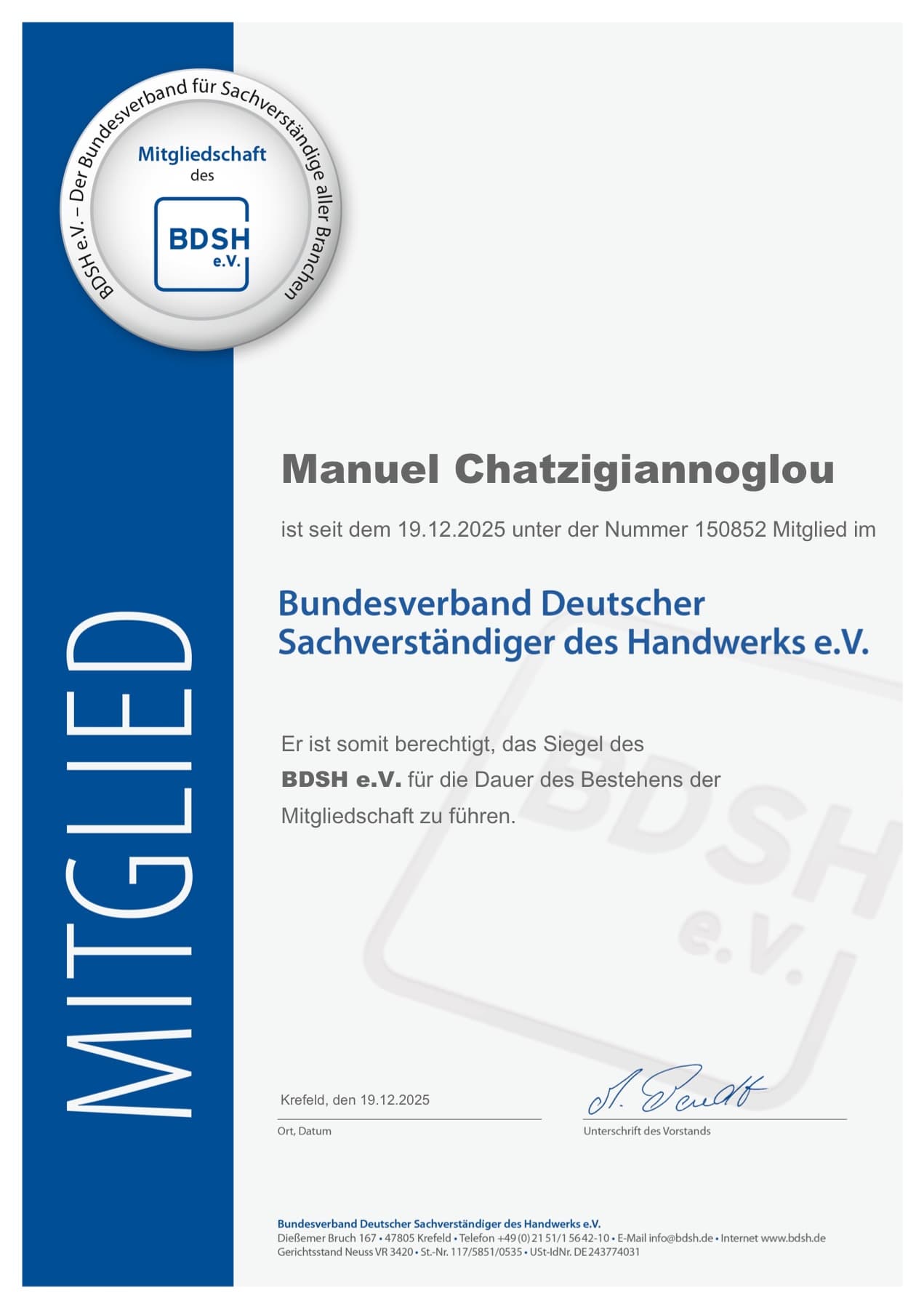 BDSH-Mitgliedsurkunde von Manuel Chatzigiannoglou